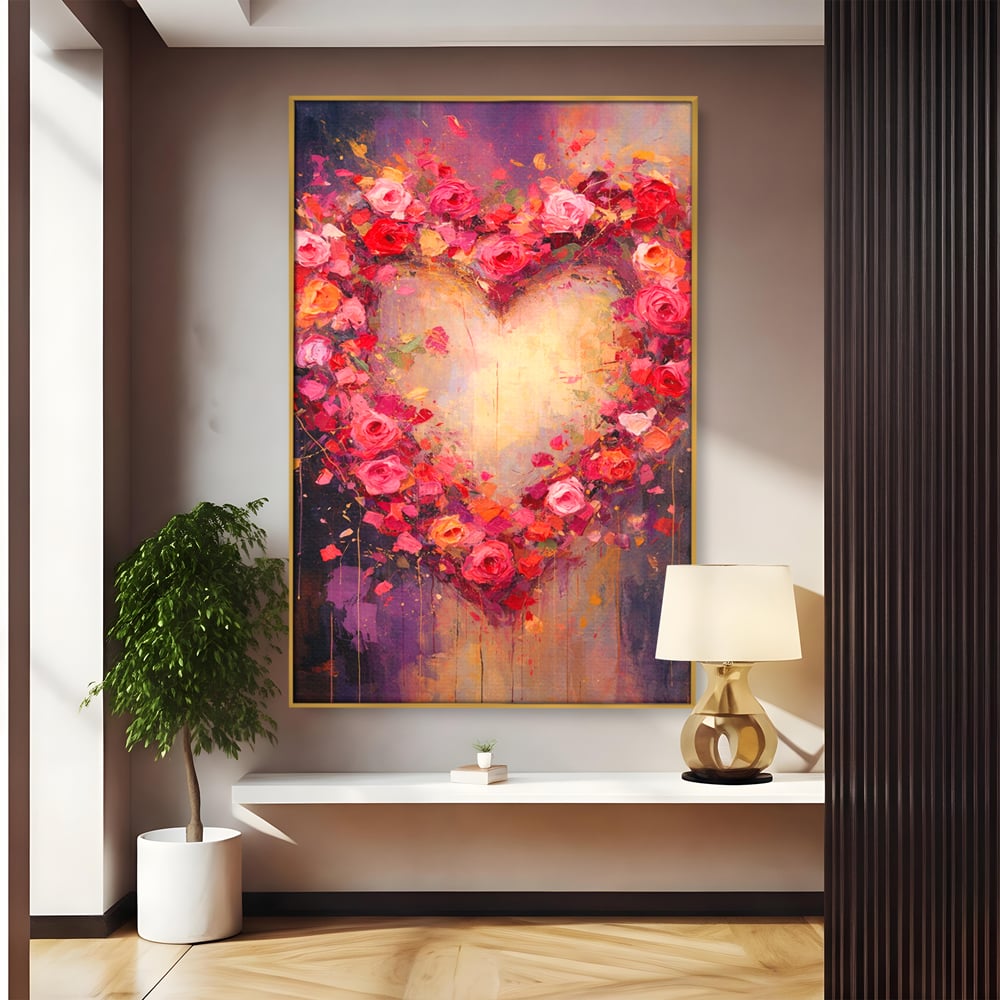 Tablou canvas cu tablou canvas cu inima din trandafiri, in rama de aluminiu auriu